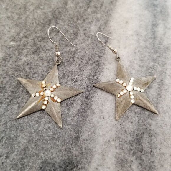 Vintage Silver Tone Star and Rhinestone Dangle Earrings, Estate - Picture 5 of 5